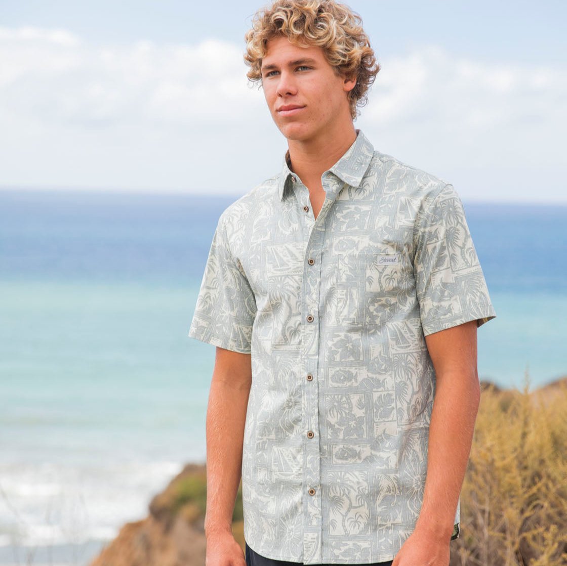  STEWART MEN'S OFFSHORE OLIVE BUTTON-UP SHIRT(Stewart Mens Offshore Olive Button Up Shirt)