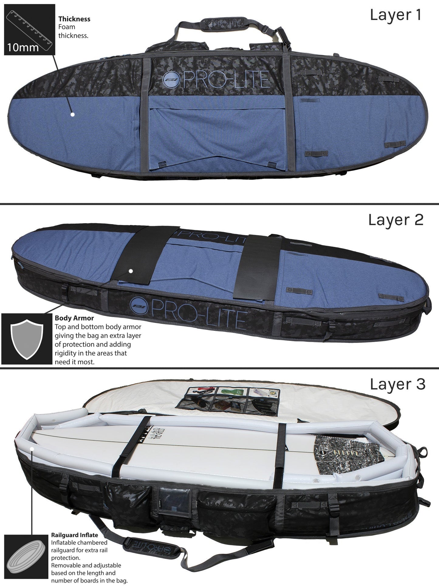  PRO-LITE ARMORED FINLESS COFFIN TRAVEL BOARD BAG DOUBLE/TRIPLE (2-3 BOARDS)(Copy Of Pro Lite Wheeled Coffin Board Bag)
