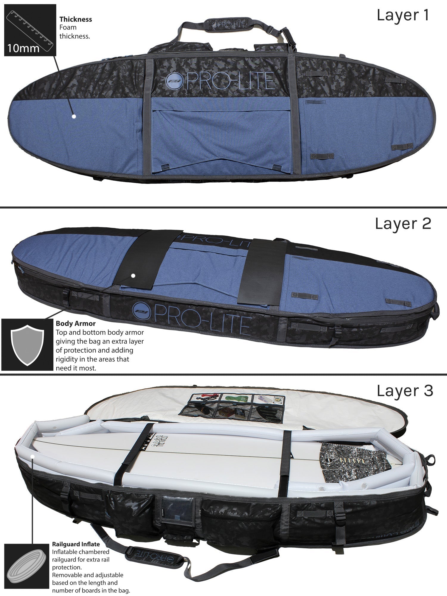  PRO-LITE ARMORED FINLESS COFFIN TRAVEL BOARD BAG DOUBLE/TRIPLE (2-3 BOARDS)(Copy Of Pro Lite Wheeled Coffin Board Bag)